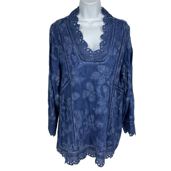 Soft Surrounding Blue Deidre Tunic Top Eyelet Embroidered Size L - Picture 1 of 9